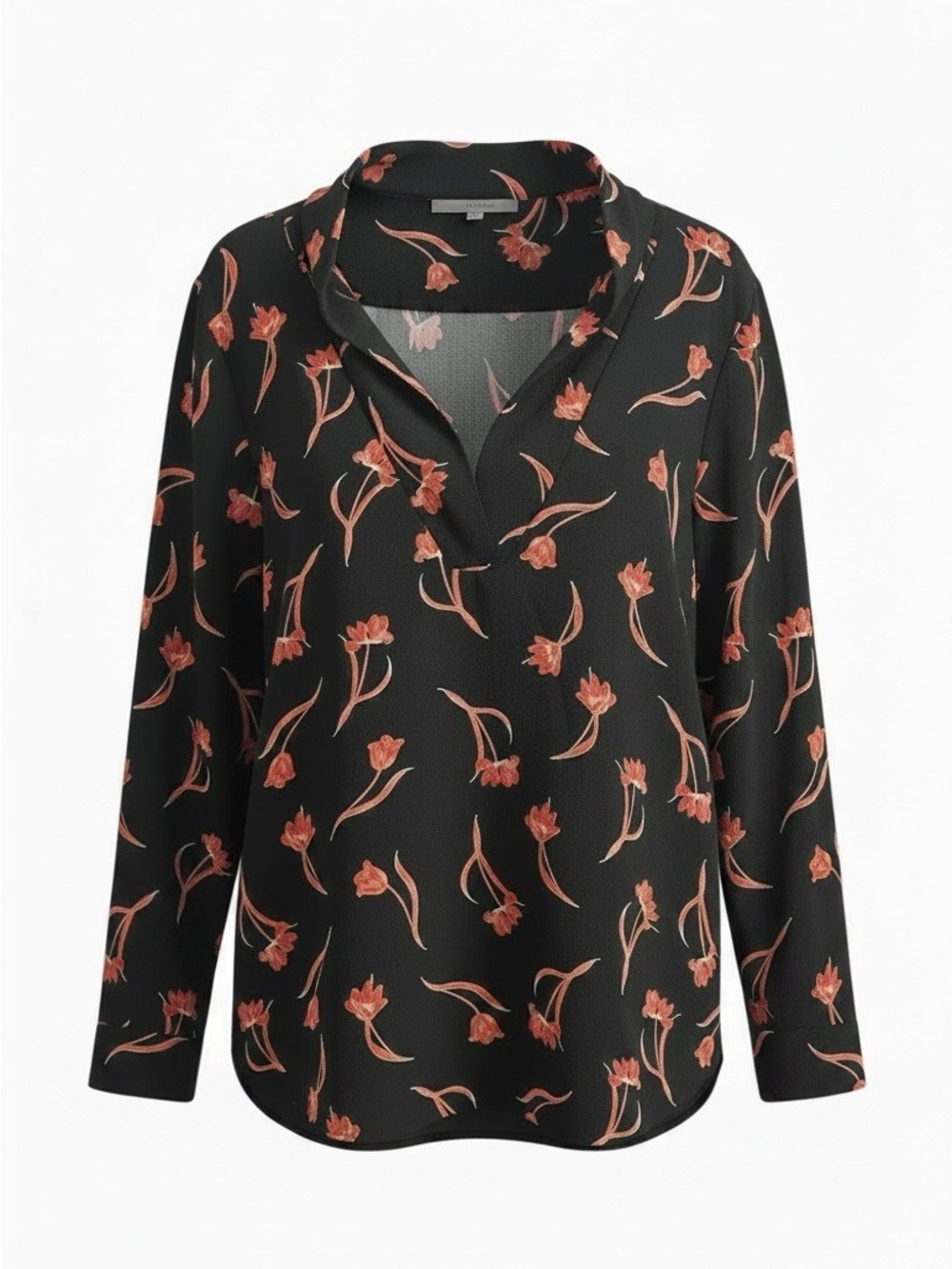 Chaus Floral V-Neck Tab Sleeve Blouse in Black with Red Print